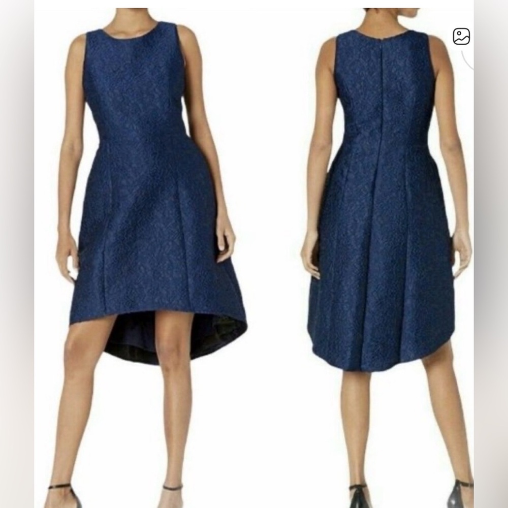 HALSTON HERITAGE Indigo Blue Floral Jacquard Asymmetric Cocktail Dress 👗